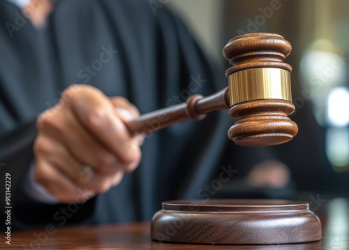 A close-up of a judge's hand firmly holding a gavel in a courtroom, justice concept. photo