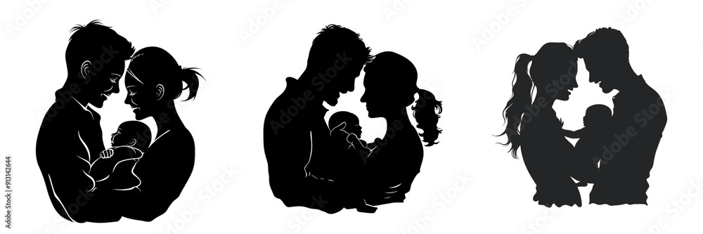 Set of Vector silhouette of a happy family, parents and newborn baby isolated on transparent background Set of Vector silhouette of a happy family, parents and newborn baby isolated on transparent background