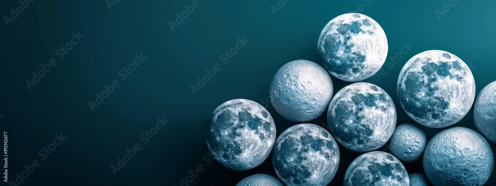 A cluster of blue and white eggs arranged against a dark blue backdrop, with the moon positioned in the center A cluster of blue and white eggs arranged against a dark blue backdrop, with the moon positioned in the center
