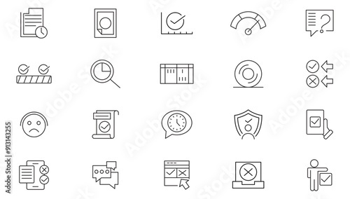 Survey line icon set. Contains feedback, opinions, questionnaires, polls, research, reviews, feedback, exam, and voting outline icon collection. Ui thin line icon pack.