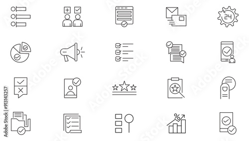 Survey line icon set. Contains feedback, opinions, questionnaires, polls, research, reviews, feedback, exam, and voting outline icon collection. Ui thin line icon pack.
