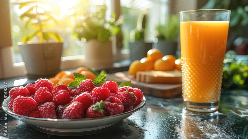 A vibrant and cheerful breakfast scene with a bowl of fresh fruit, a glass of orange juice, and a sandwich on a plate, all set on a kitchen counter with natural light streaming in A vibrant and cheerful breakfast scene with a bowl of fresh fruit, a glass of orange juice, and a sandwich on a plate, all set on a kitchen counter with natural light streaming in