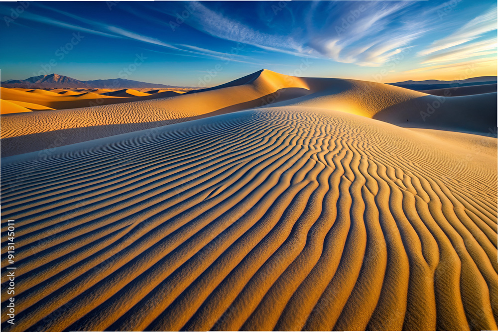 Naklejka premium A desert landscape with a mountain in the background. The sky is blue and the sun is setting