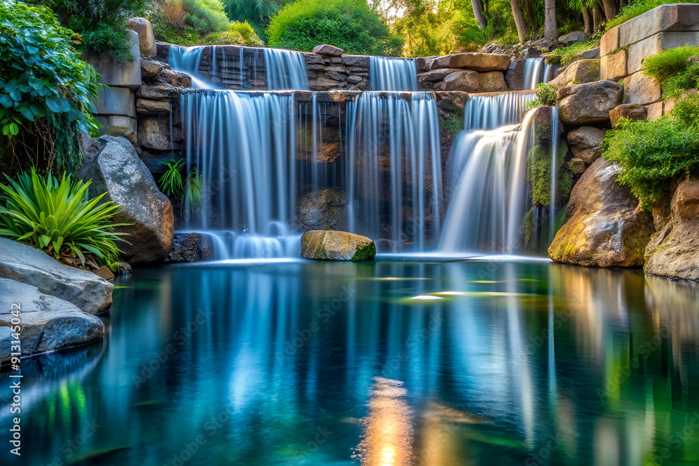 Fototapeta premium A beautiful waterfall with a pool of water in the middle. The water is calm and clear, and the rocks surrounding the pool add to the natural beauty of the scene. Concept of tranquility and serenity