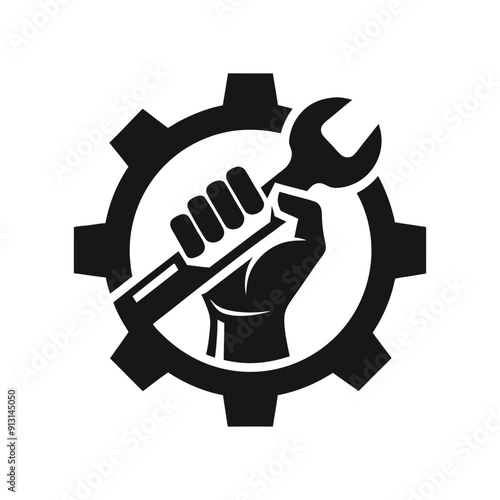 Wrench in hand and gear silhouette vector, Industrial tool or equipment vector icon design. Hand winch or manual winch vector icon. Also called come along, towing or ratchet winch