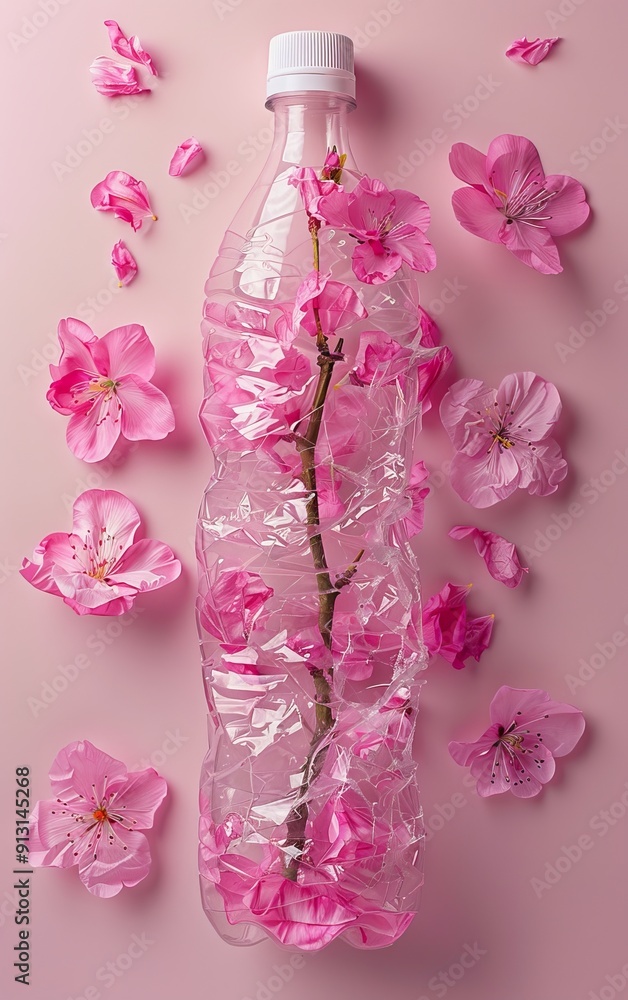 Obraz premium Crushed plastic bottle with pink flowers on light pink background