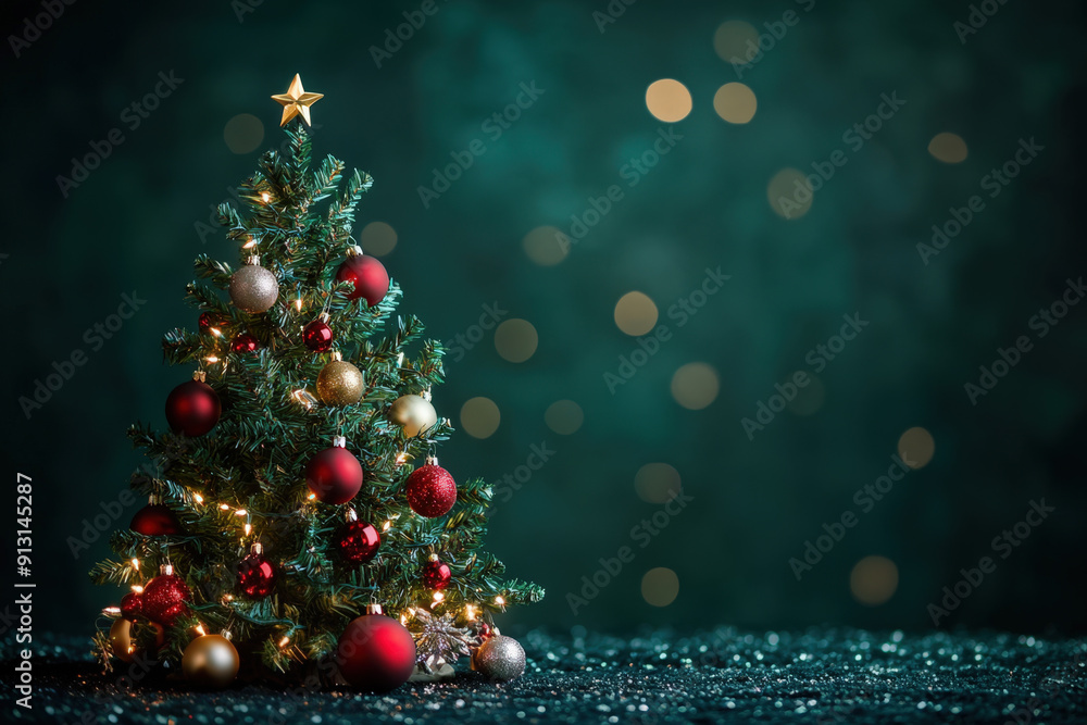 Small christmas tree decorated with red and gold ornaments illuminated with string lights on a sparkling surface with a teal background and bokeh Small christmas tree decorated with red and gold ornaments illuminated with string lights on a sparkling surface with a teal background and bokeh
