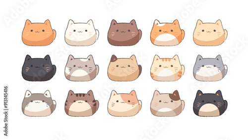  Kawaii cat heads in colors. Anime kittens, cute animals for game and design in Japanese style. Vector icons