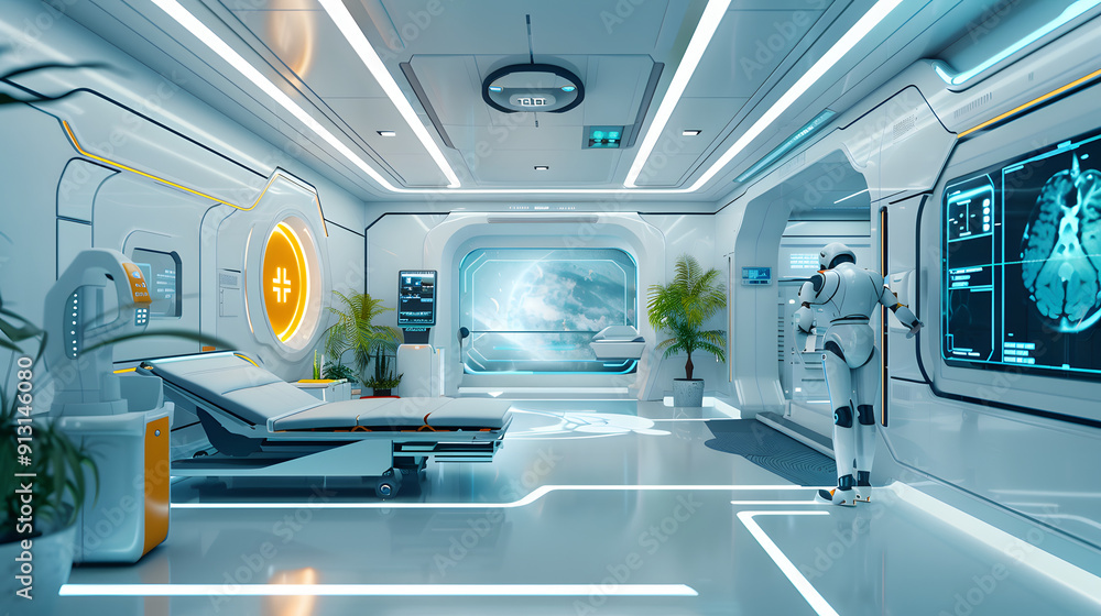 Obraz premium A futuristic healthcare facility with telemedicine and robotic caregivers.
