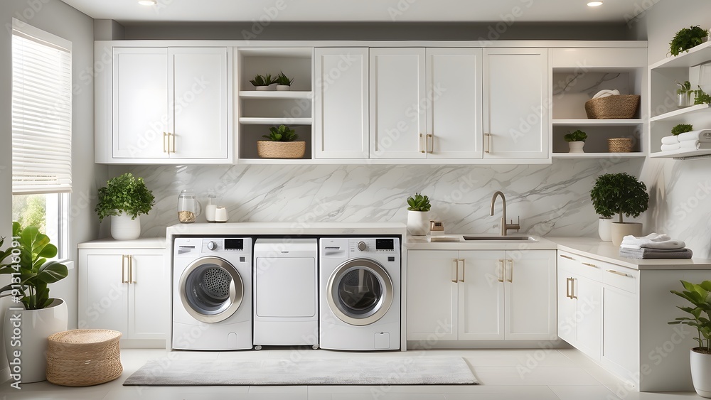 Modern minimalist white laundary room interior design with cabinet and washing machines, white color theme elegant home decor laundary room Modern minimalist white laundary room interior design with cabinet and washing machines, white color theme elegant home decor laundary room