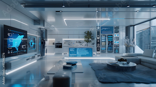 A futuristic home interior with smart appliances and automation. photo