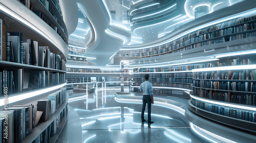 A futuristic library with digital books and AI librarians in a sleek design.