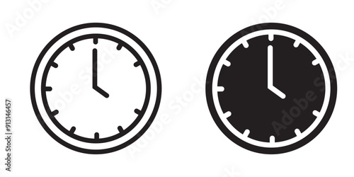 Clock icon, vector, silhouette. Watch, round wall clock icon symbol, vector. Vector clock icon, Round clock flat line icon for apps, logo, websites. Vector illustration.