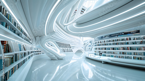 A futuristic library with digital books and AI librarians in a sleek design.