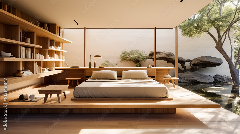 Interior of a modern bedroom with a wooden bed and a bookcase Interior of a modern bedroom with a wooden bed and a bookcase