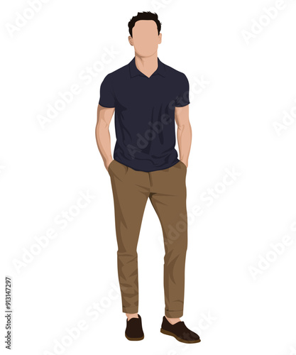 Vector illustration of a man in a navy blue polo shirt and beige pants. Modern office style