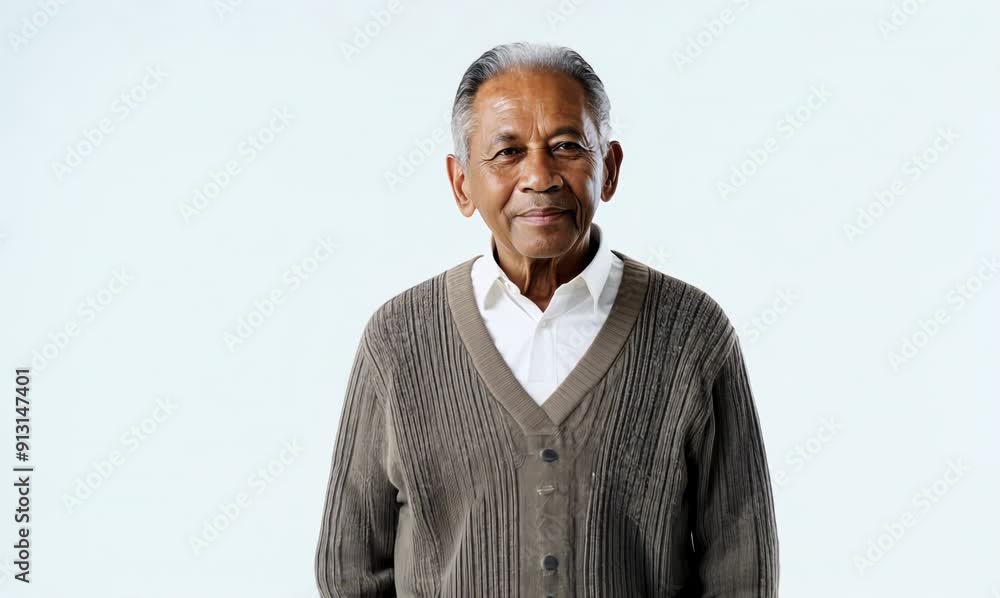 Lifestyle portrait of a Nigerian man in his 60s in a white background wearing a chic cardigan Lifestyle portrait of a Nigerian man in his 60s in a white background wearing a chic cardigan