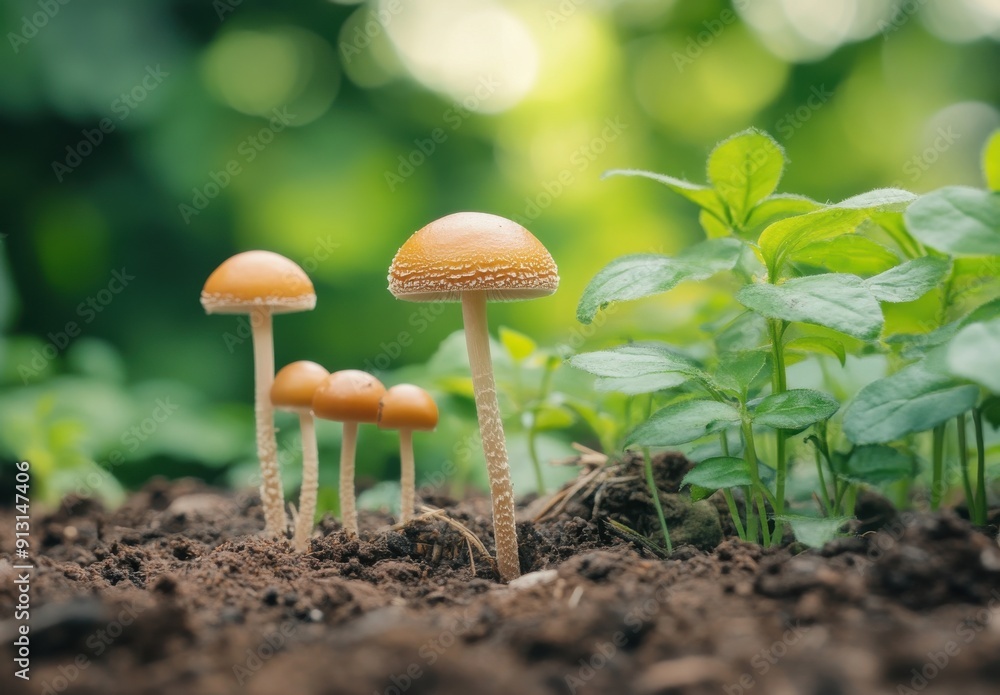Mushrooms growing in the soil, a close-up of small mushrooms on a rich brown dirt background Mushrooms growing in the soil, a close-up of small mushrooms on a rich brown dirt background