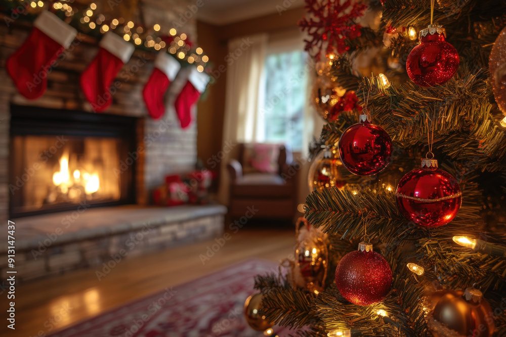 Christmas tree decorated with red and gold ornaments illuminating a cozy living room with a fireplace in the background Christmas tree decorated with red and gold ornaments illuminating a cozy living room with a fireplace in the background