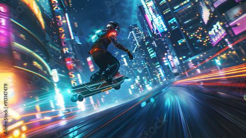 A futuristic racer on a neon-lit hoverboard speeding through a city. photo