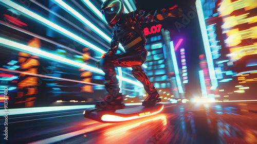 A futuristic racer on a neon-lit hoverboard speeding through a city.