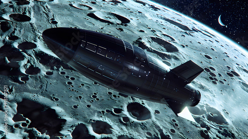 A futuristic space tourism ship orbiting the moon.