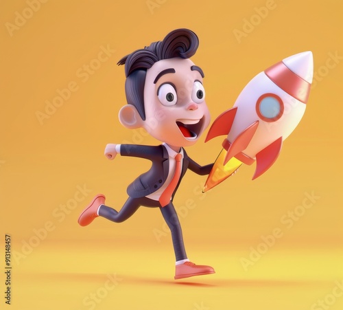 3D illustration of a successful businessman holding up a rocket, representing a powerful startup concept