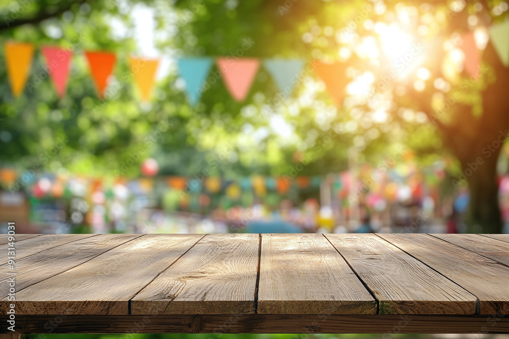 Empty Wooden Table with Festive Flags in Sunlit Garden
Empty Wooden Table with Festive Flags in Sunlit Garden