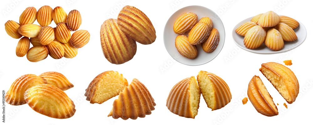 French Madeleine Sponge butter shell shape little cake pastry dessert on transparent cutout, PNG file. Many assorted different angles, stack, broken, plate, pile. Mockup template for artwork design French Madeleine Sponge butter shell shape little cake pastry dessert on transparent cutout, PNG file. Many assorted different angles, stack, broken, plate, pile. Mockup template for artwork design