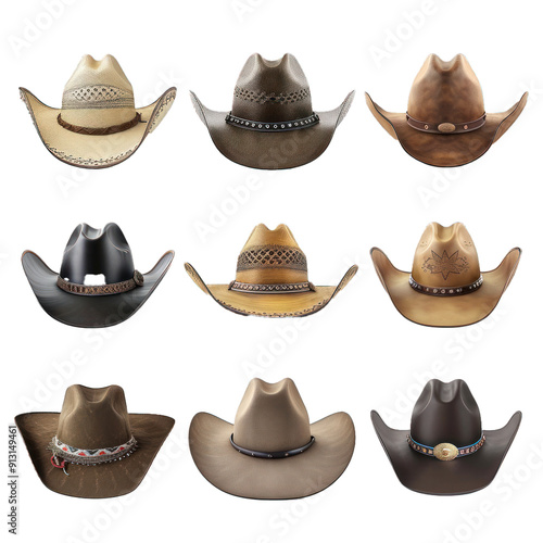 Nine cowboy hats are showing different styles and colors, isolated on a white background