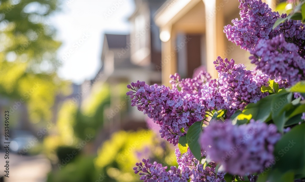 Obraz premium Lilac flowers in full bloom, with green leaves and purple blossoms against the backdrop of blurred houses and trees