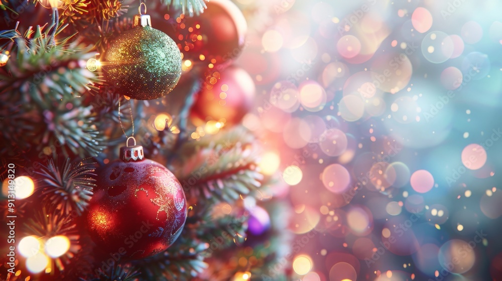Christmas tree with red and green baubles and bokeh. Christmas tree with red and green baubles and bokeh.