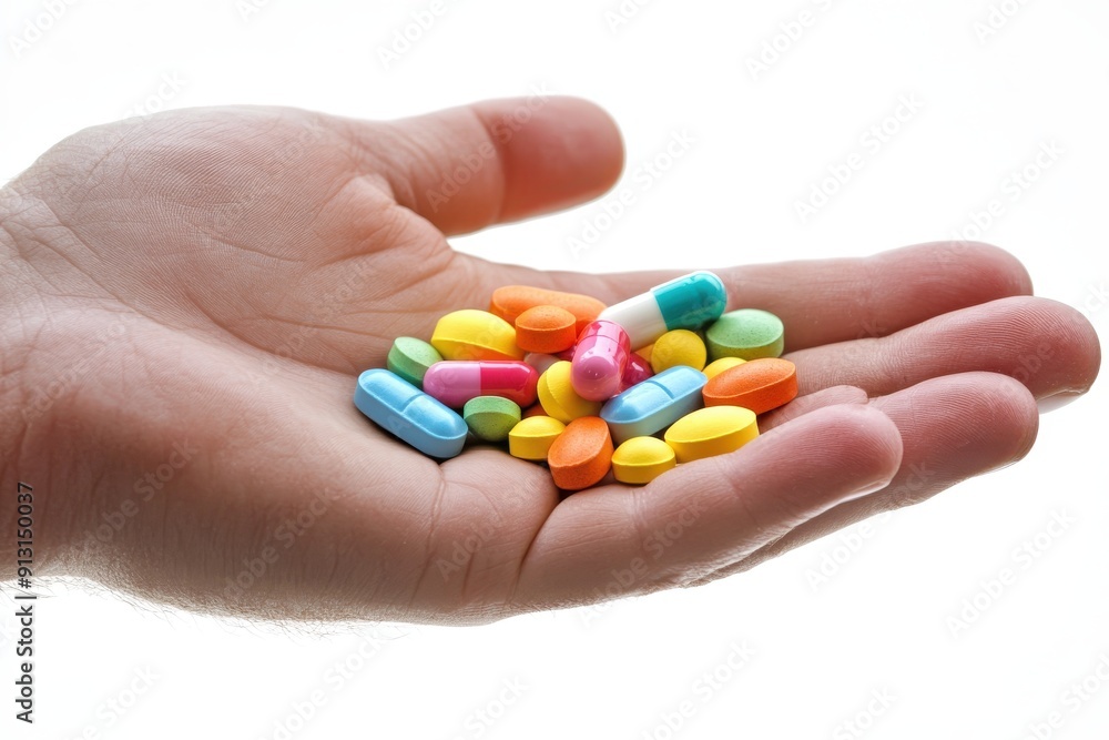 Hand holding pills isolated on a light background Hand holding pills isolated on a light background