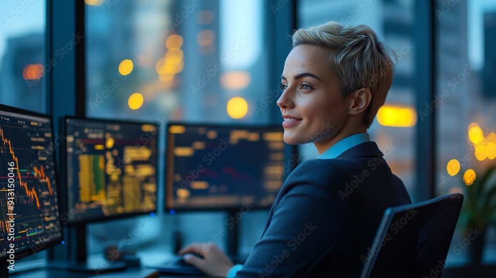 Woman in a modern office with multiple monitors displaying financial data Woman in a modern office with multiple monitors displaying financial data