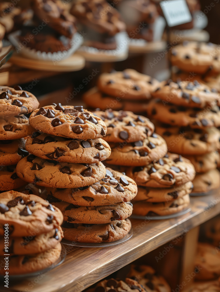 Stacks of chocolate chip cookies on display in a bakery. Stacks of chocolate chip cookies on display in a bakery.