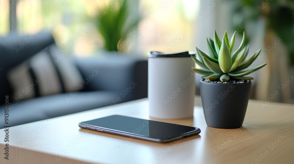 illustrating a productive work-from-home environment with a smartphone, coffee cup, and potted succulent on a modern desk for remote work concept illustrating a productive work-from-home environment with a smartphone, coffee cup, and potted succulent on a modern desk for remote work concept