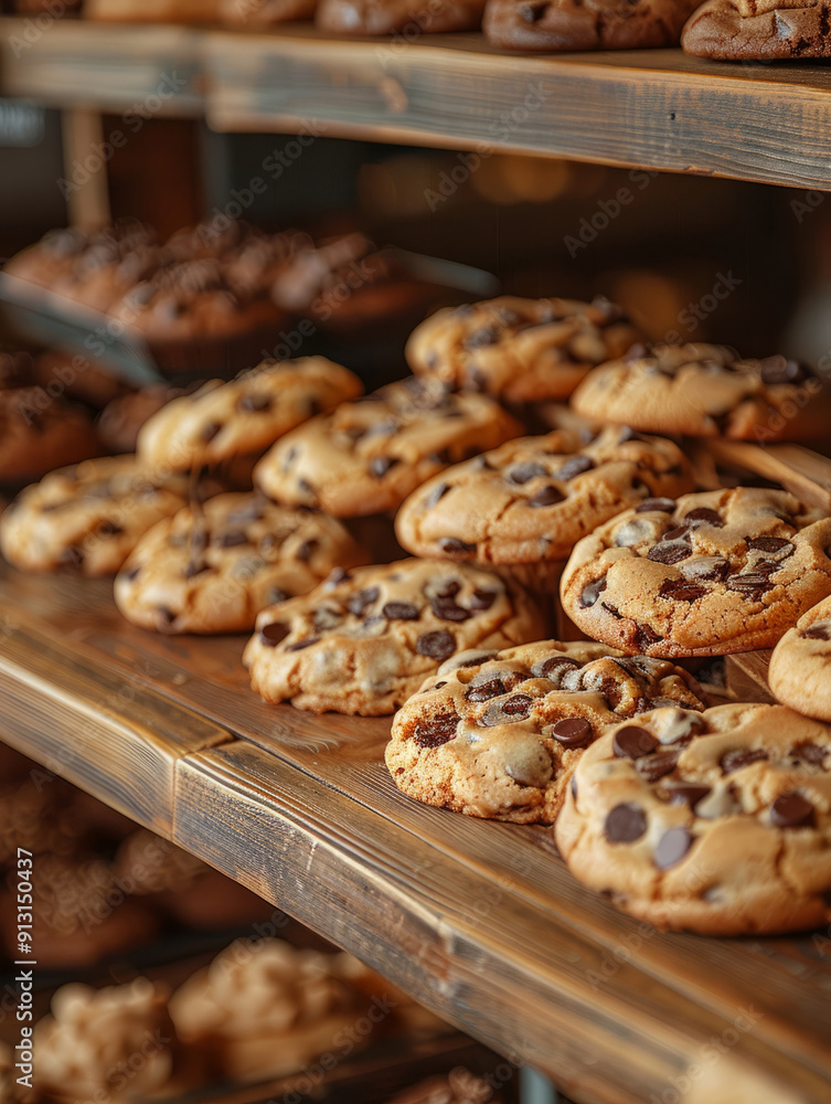 Rows of chocolate chip cookies displayed on wooden shelves Rows of chocolate chip cookies displayed on wooden shelves