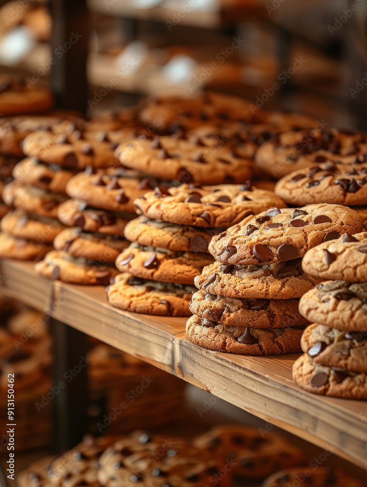 Stacks of chocolate chip cookies on a wooden shelf. Stacks of chocolate chip cookies on a wooden shelf.