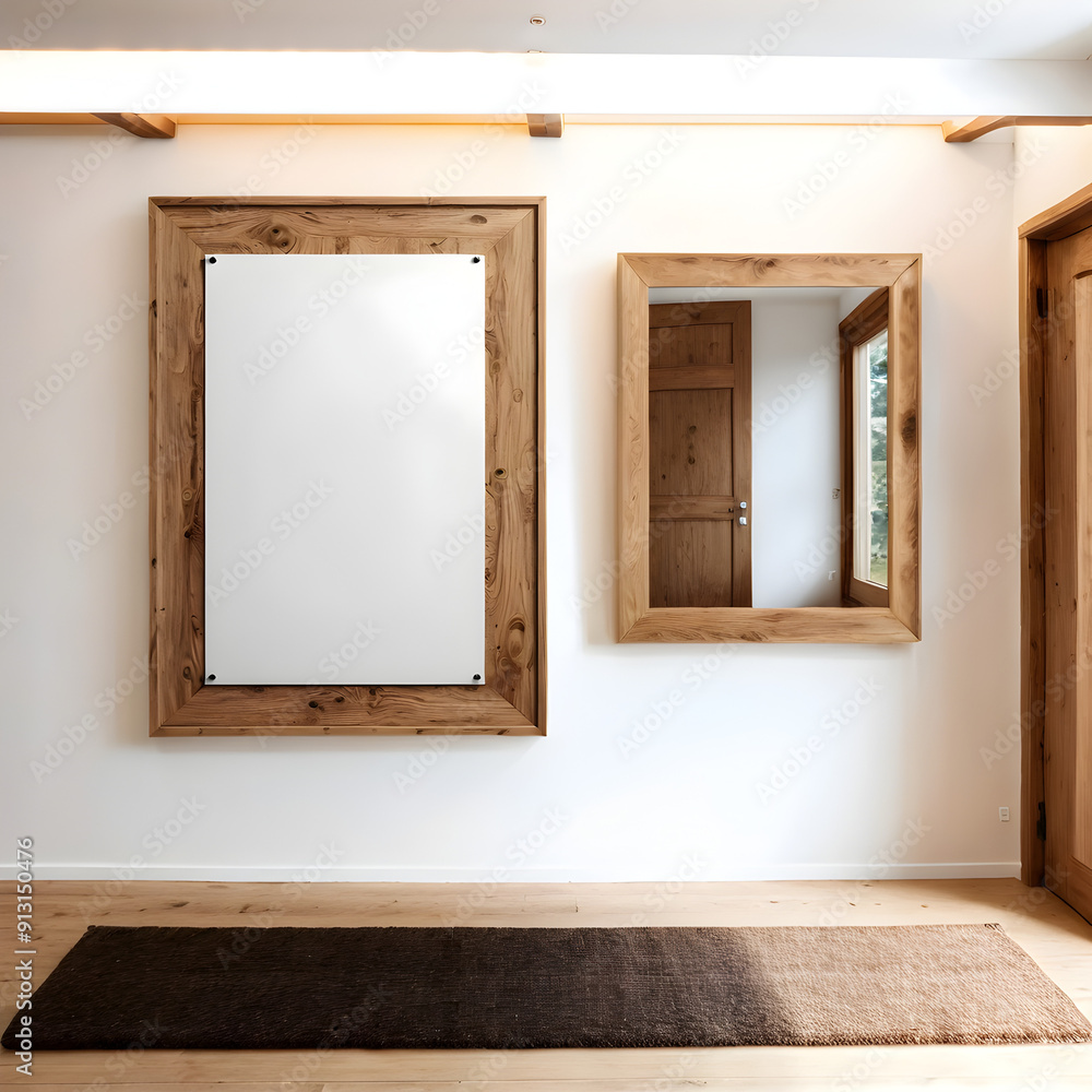 Mockup poster en blanco con marco de madera junto a un espejo en el interior de una casa Mockup poster en blanco con marco de madera junto a un espejo en el interior de una casa