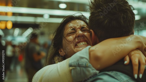 Couple embracing in a public space,  woman crying,  emotional moment.