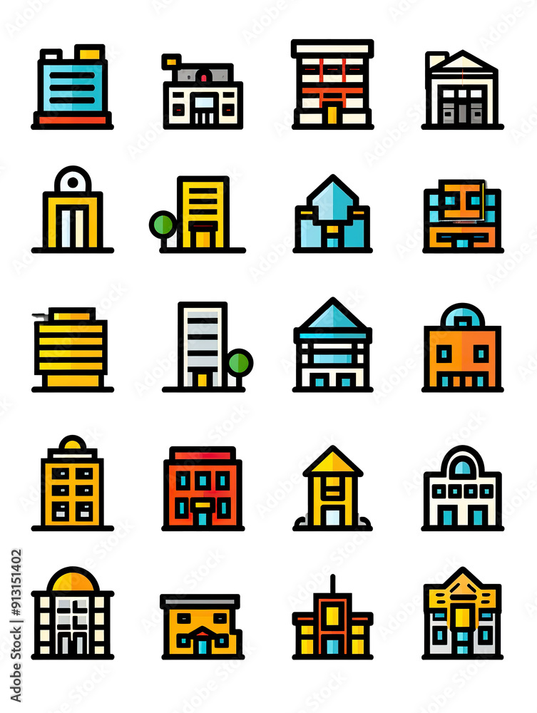 A Collection of Twenty-Four Colorful Building Icons, generative ai image A Collection of Twenty-Four Colorful Building Icons, generative ai image