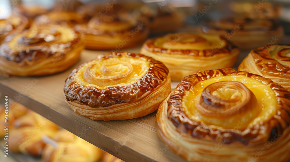 Golden pastries displayed on a bakery shelf. Golden pastries displayed on a bakery shelf.