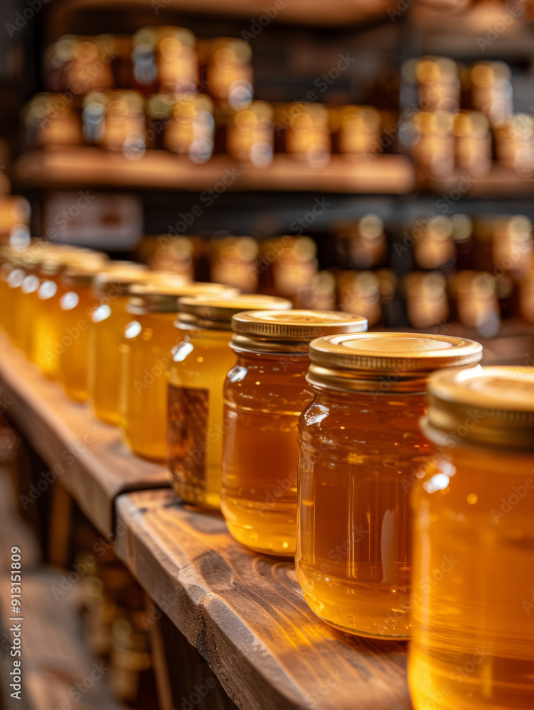 Homemade honey jars arranged on a wooden shelf in a rustic setting. Homemade honey jars arranged on a wooden shelf in a rustic setting.