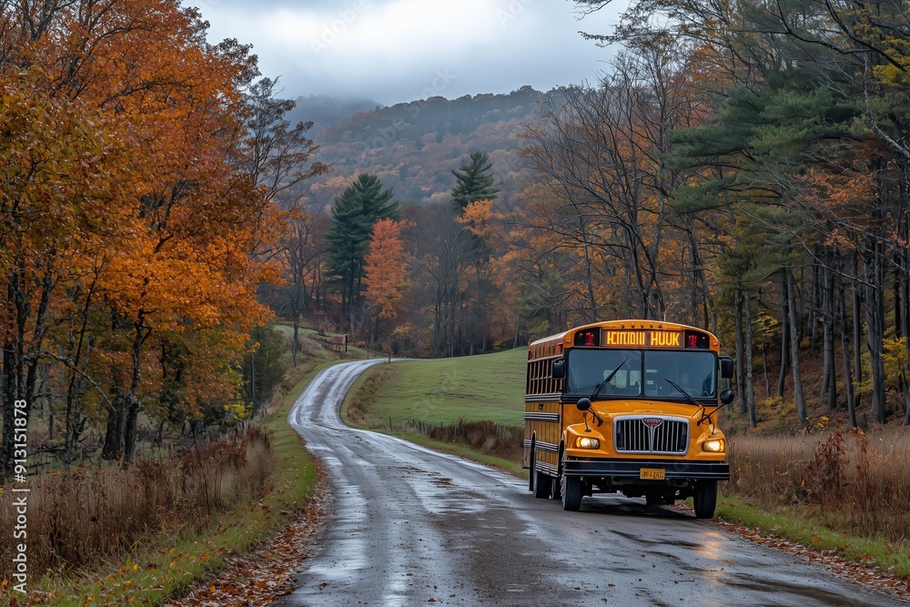 Autumn Landscape With School Bus Driving Along a Winding Road Surrounded by Colorful Trees Autumn Landscape With School Bus Driving Along a Winding Road Surrounded by Colorful Trees