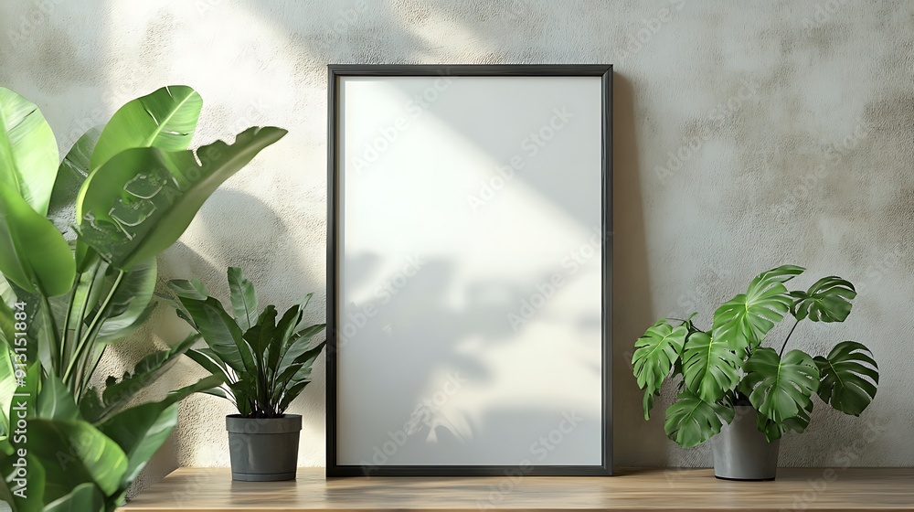 A mockup of a blank photo frame sitting on a wooden table with plants besides, minimal and clean style A mockup of a blank photo frame sitting on a wooden table with plants besides, minimal and clean style