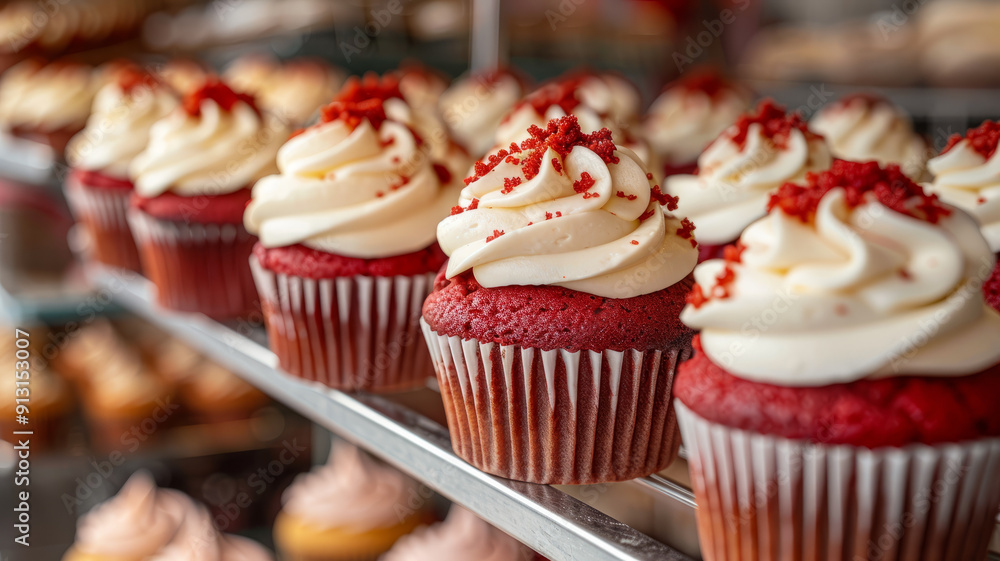 Red velvet cupcakes with frosting on display in a bakery. Red velvet cupcakes with frosting on display in a bakery.