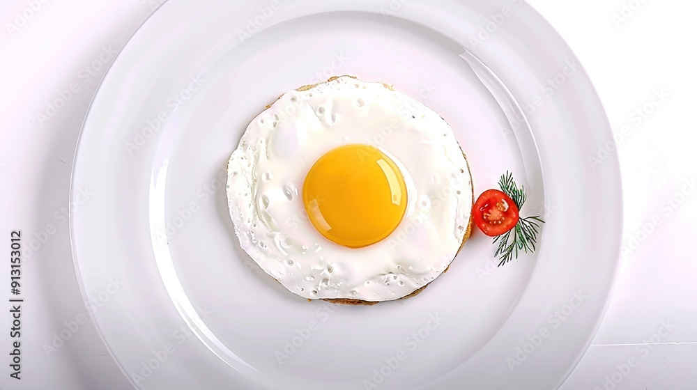 A perfectly fried egg served on a pristine white plate and adorned with a luscious green sprig A perfectly fried egg served on a pristine white plate and adorned with a luscious green sprig