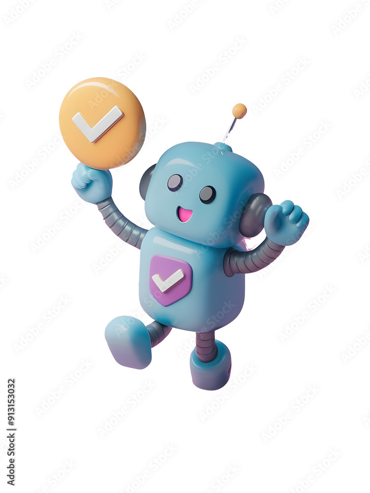 3D Cute Robot With Approved Check Mark 3D Cute Robot With Approved Check Mark
