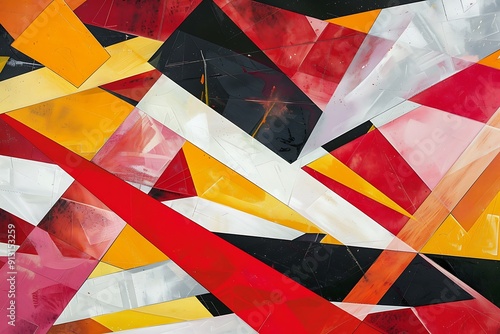 A kinetic collage of geometric forms and bright colors, intense reds and yellows, suggesting rapid movement, Constructivist style photo