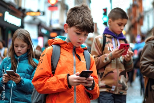 Children walking down a bustling street, all fixated on their mobile phones, representing the effect of gadgets on today’s youth. photo